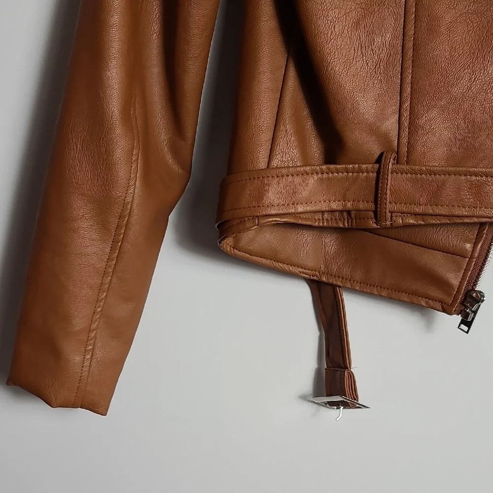 LOVE TREE Tan Vegan Leather Moto Jacket Brown Zip Up Size Small - Picture 14 of 16